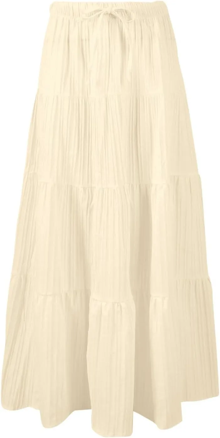 XOWRTE Women's Flowy Flared Ruffle Boho Long Skirt Summer Maxi Skirt A-Line Fashion Trendy Elastic Waist Pleated Beach Dress