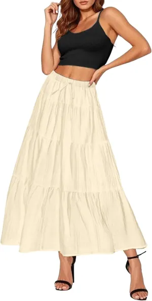 XOWRTE Women's Flowy Flared Ruffle Boho Long Skirt Summer Maxi Skirt A-Line Fashion Trendy Elastic Waist Pleated Beach Dress