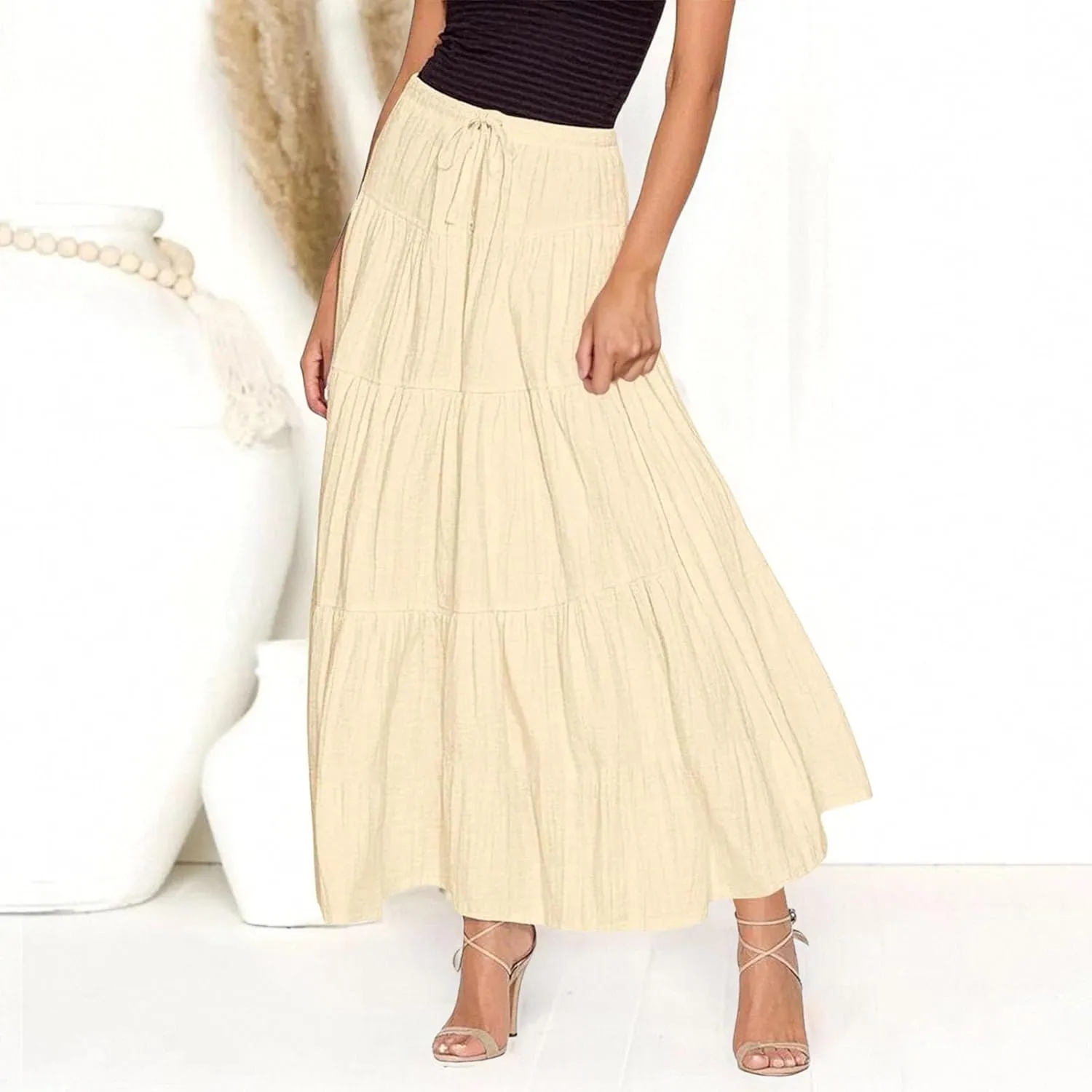 XOWRTE Women's Flowy Flared Ruffle Boho Long Skirt Summer Maxi Skirt A-Line Fashion Trendy Elastic Waist Pleated Beach Dress