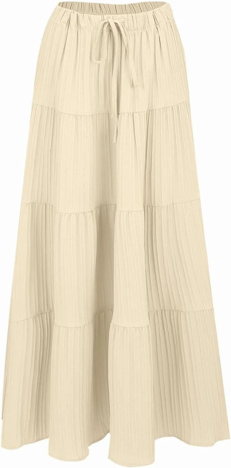 XOWRTE Women's Flowy Flared Ruffle Boho Long Skirt Summer Maxi Skirt A-Line Fashion Trendy Elastic Waist Pleated Beach Dress