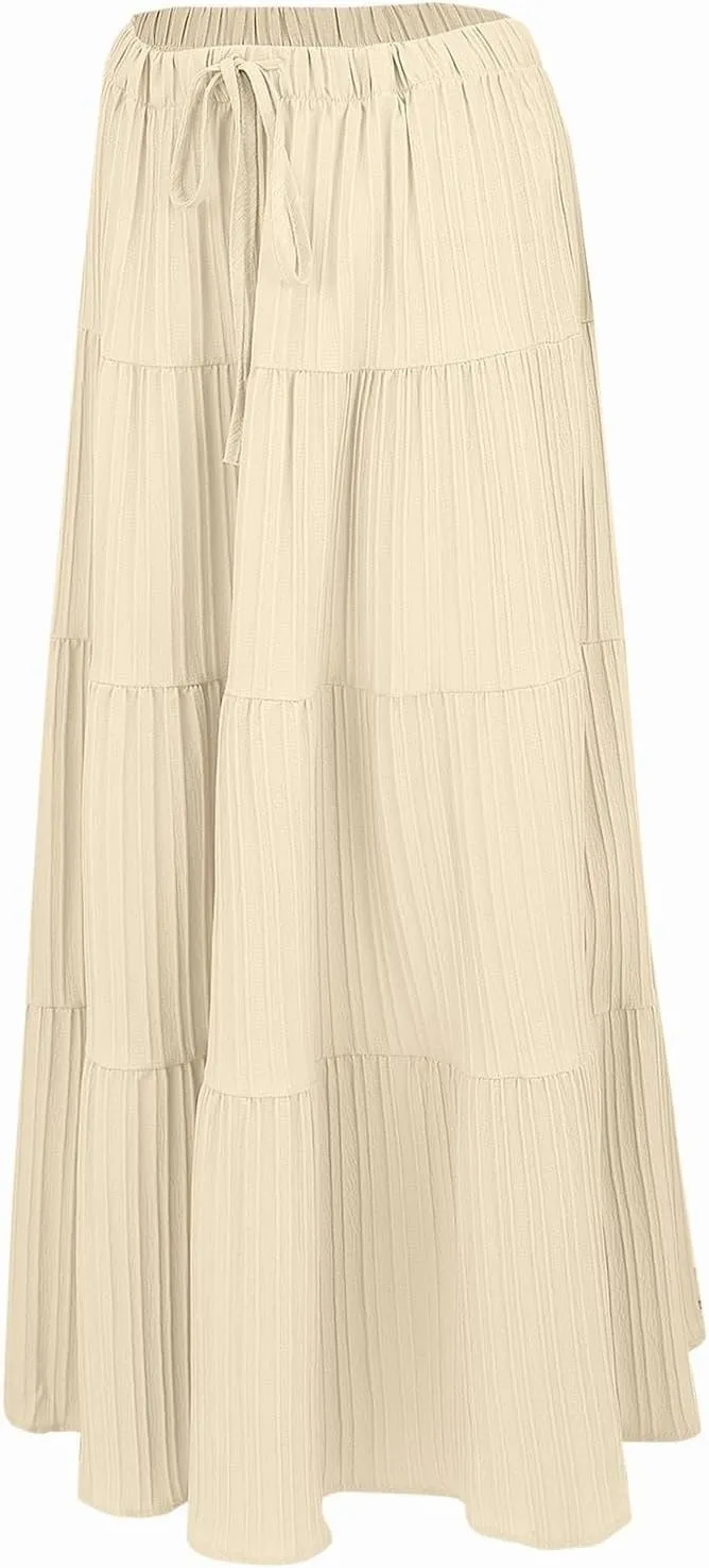 XOWRTE Women's Flowy Flared Ruffle Boho Long Skirt Summer Maxi Skirt A-Line Fashion Trendy Elastic Waist Pleated Beach Dress