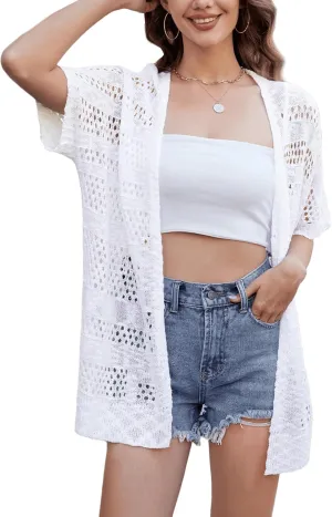 Yekaty Womens Lightweight Crochet Short Sleeve Cardigans Open Front Summer Sweaters Casual Boho Kimonos Cover Up