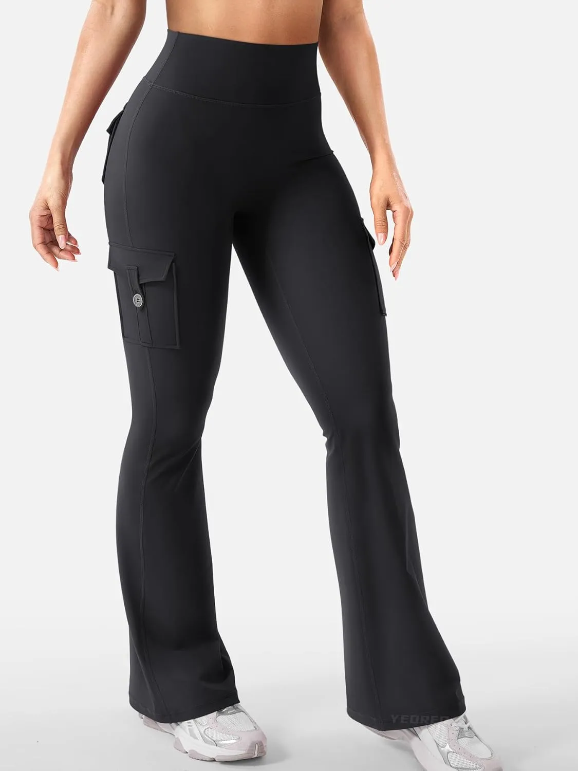 YEOREO CoreFlex Women Workout Flare Leggings with Pockets Hidden Scrunch High Waisted Cargo Gym Yoga No Front Seam Leggings
