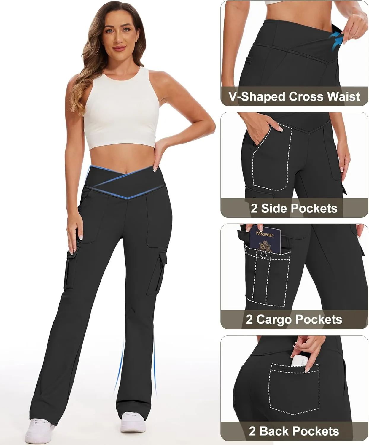Yoga Flare Leggings for Women High Waisted Yoga Casual Pants Workout Leggings Cargo with 6 Pockets Bootcut Pants