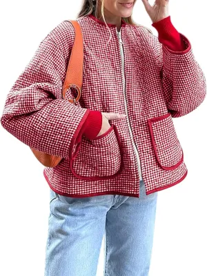 Yousify Womens Jackets Fall Fashion 2024 Crew Neck Quilted Plaid Jacket Full Zipper Coats S-2XL