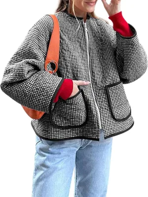 Yousify Womens Jackets Fall Fashion 2024 Crew Neck Quilted Plaid Jacket Full Zipper Coats S-2XL