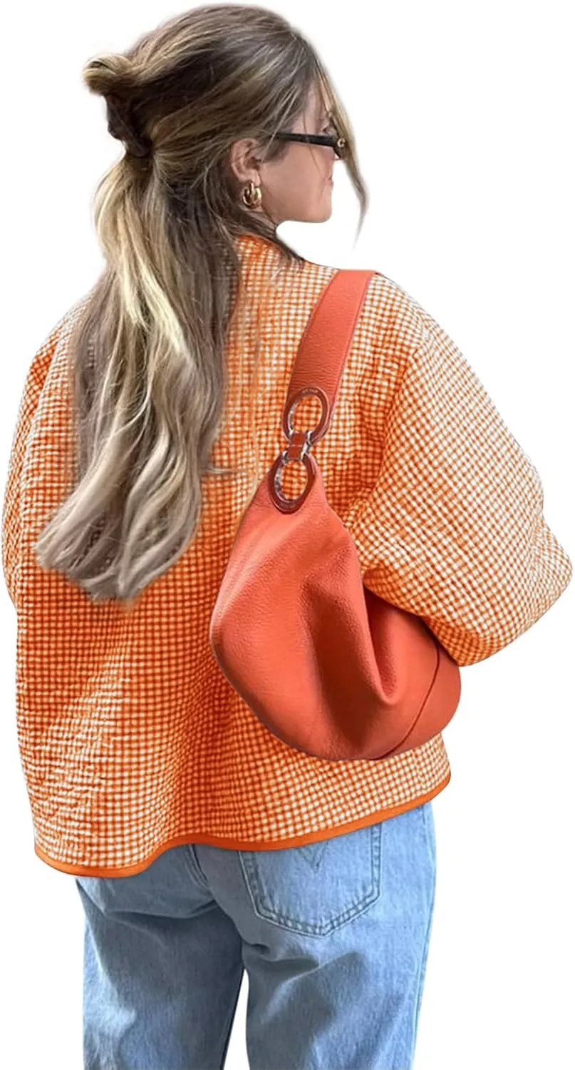 Yousify Womens Jackets Fall Fashion 2024 Crew Neck Quilted Plaid Jacket Full Zipper Coats S-2XL