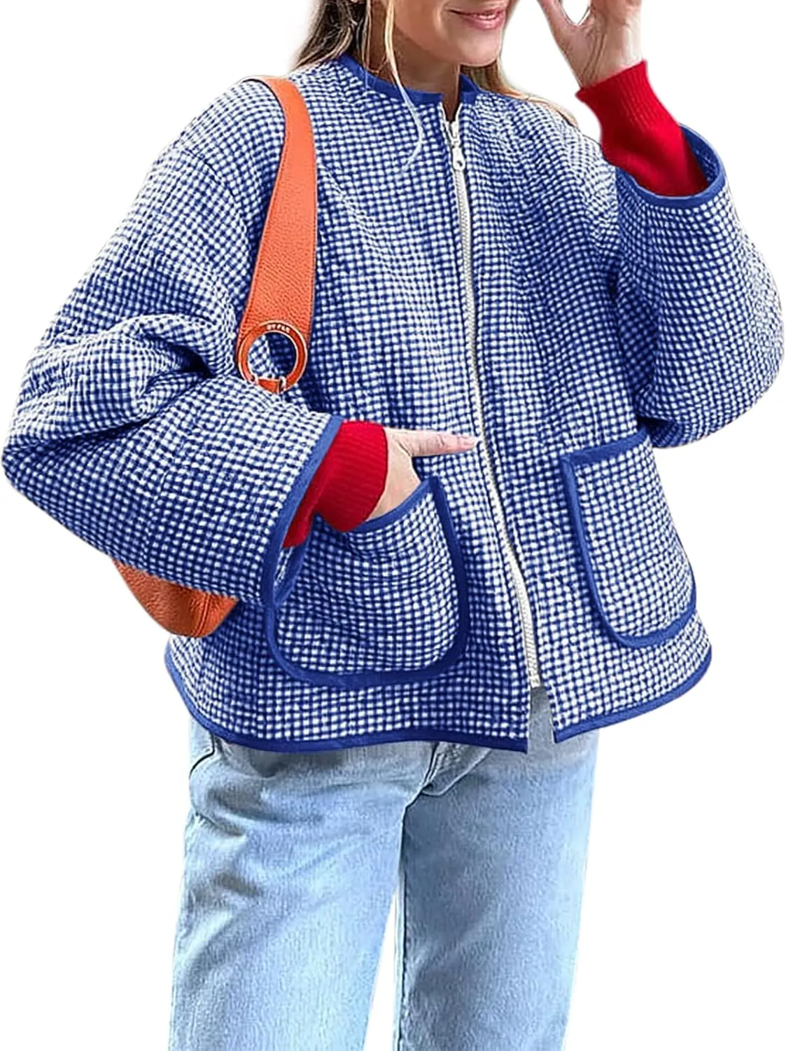 Yousify Womens Jackets Fall Fashion 2024 Crew Neck Quilted Plaid Jacket Full Zipper Coats S-2XL