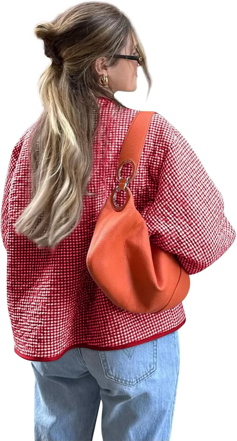 Yousify Womens Jackets Fall Fashion 2024 Crew Neck Quilted Plaid Jacket Full Zipper Coats S-2XL