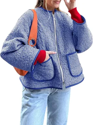 Yousify Womens Jackets Fall Fashion 2024 Crew Neck Quilted Plaid Jacket Full Zipper Coats S-2XL