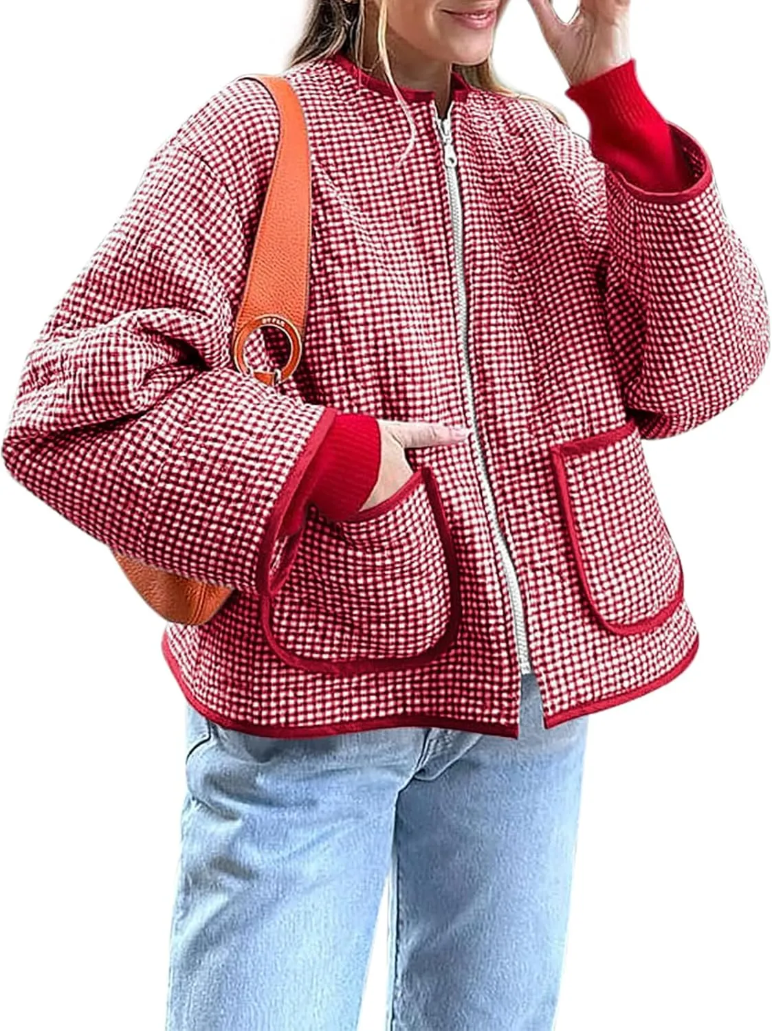 Yousify Womens Jackets Fall Fashion 2024 Crew Neck Quilted Plaid Jacket Full Zipper Coats S-2XL