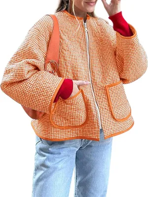 Yousify Womens Jackets Fall Fashion 2024 Crew Neck Quilted Plaid Jacket Full Zipper Coats S-2XL