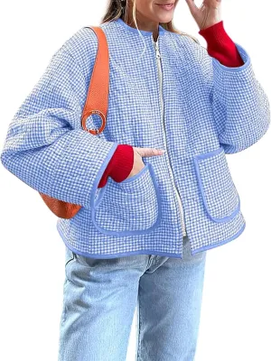 Yousify Womens Jackets Fall Fashion 2024 Crew Neck Quilted Plaid Jacket Full Zipper Coats S-2XL