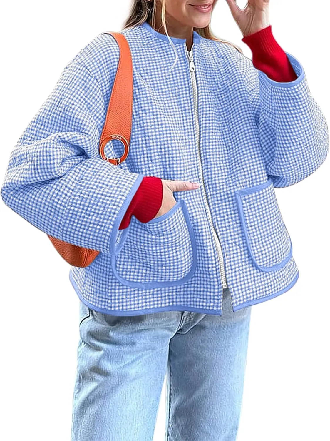 Yousify Womens Jackets Fall Fashion 2024 Crew Neck Quilted Plaid Jacket Full Zipper Coats S-2XL