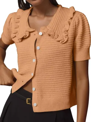 Ythomm Womens Summer Sweaters Ruffle Collared Lantern Short Sleeve Crochet Knit Sweater Tops Cute Button Open Front Cardigans