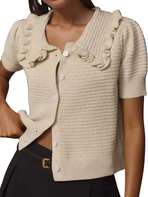 Ythomm Womens Summer Sweaters Ruffle Collared Lantern Short Sleeve Crochet Knit Sweater Tops Cute Button Open Front Cardigans