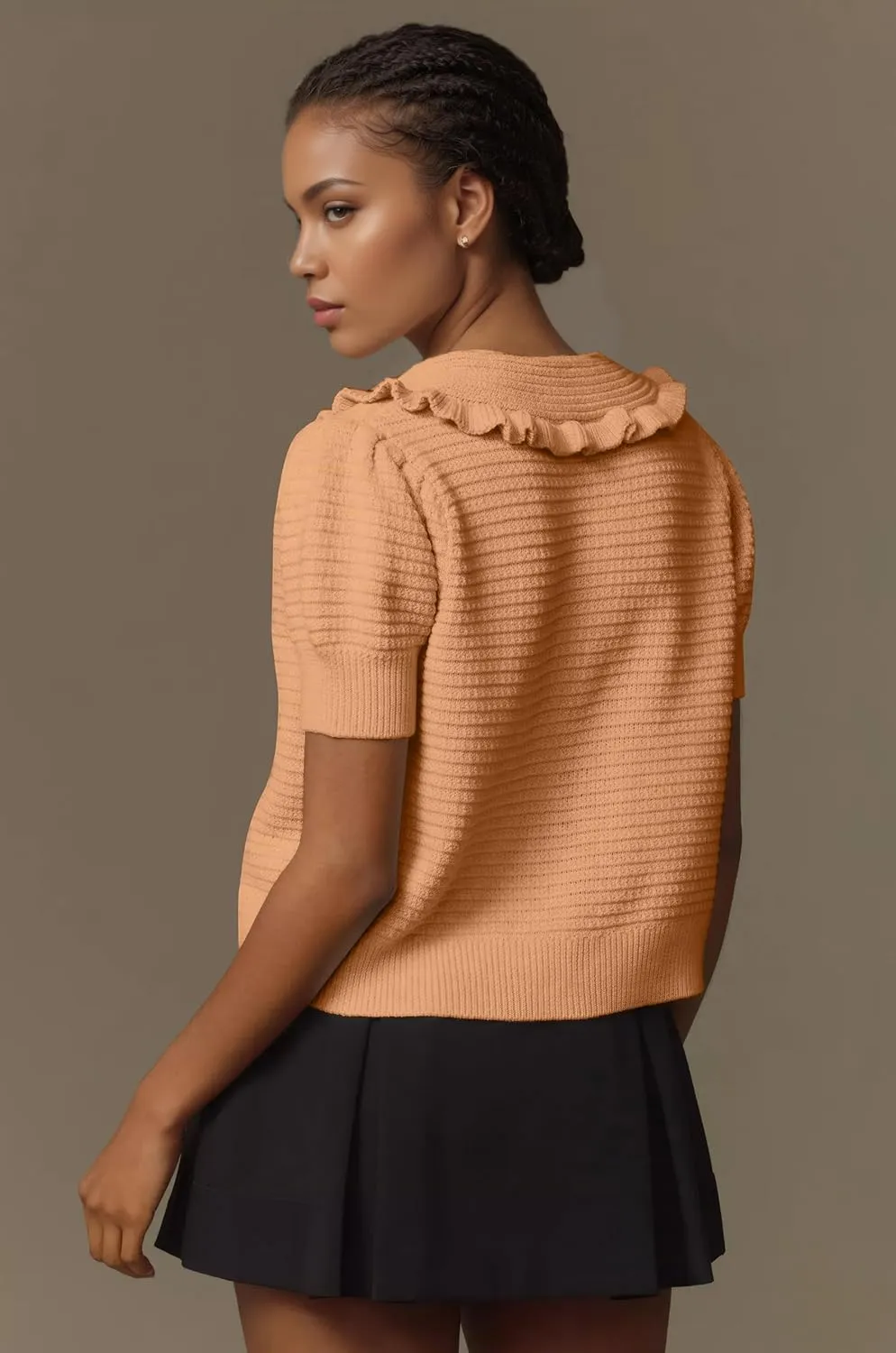 Ythomm Womens Summer Sweaters Ruffle Collared Lantern Short Sleeve Crochet Knit Sweater Tops Cute Button Open Front Cardigans