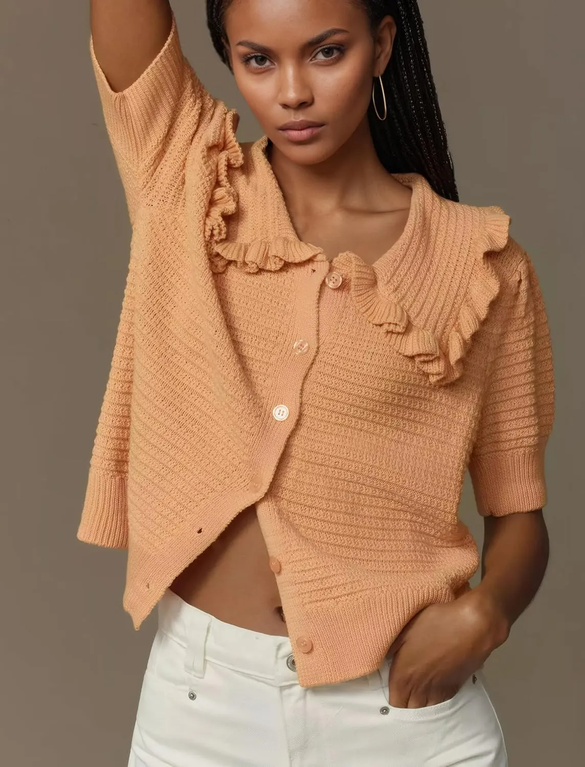 Ythomm Womens Summer Sweaters Ruffle Collared Lantern Short Sleeve Crochet Knit Sweater Tops Cute Button Open Front Cardigans