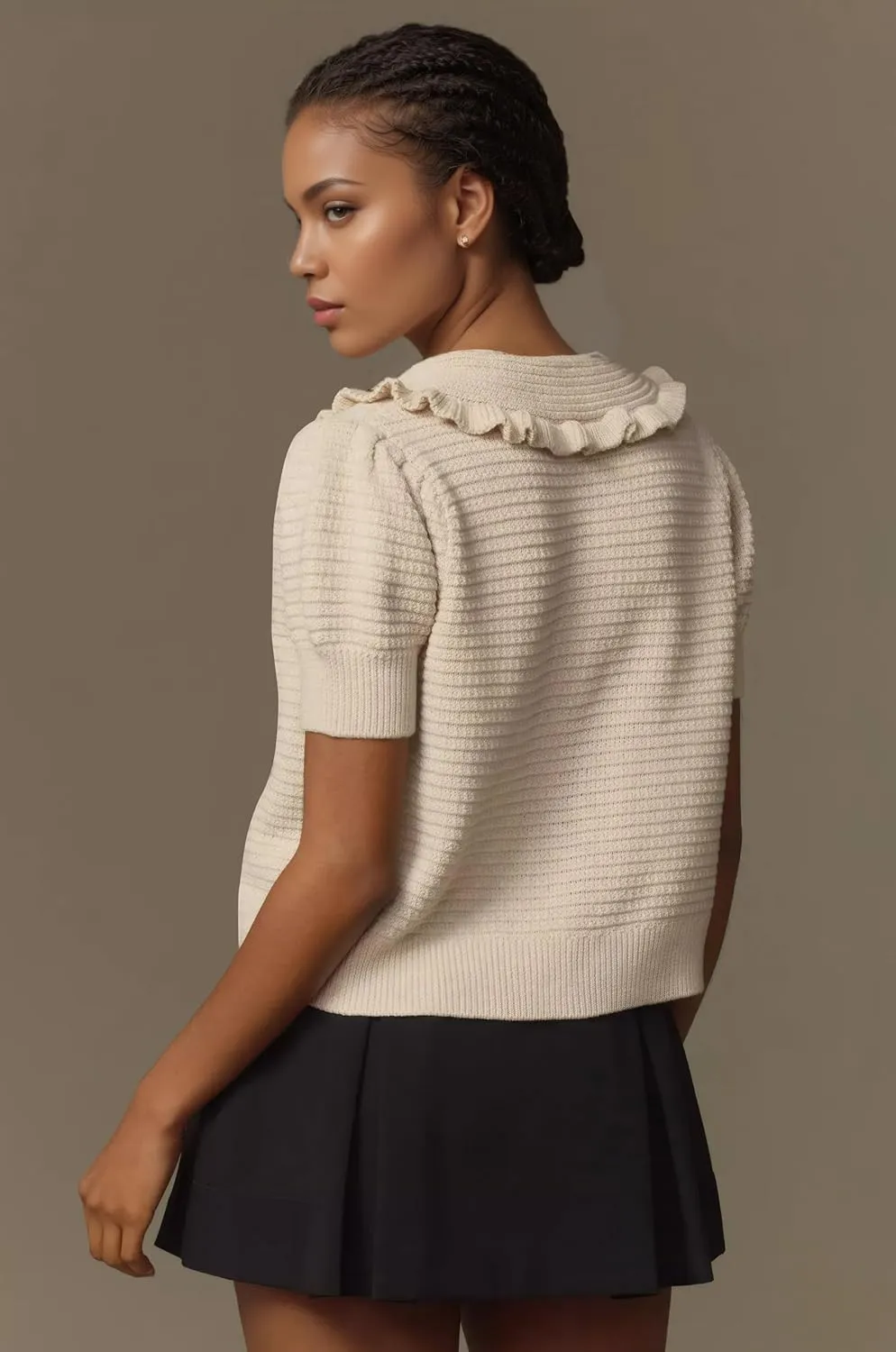 Ythomm Womens Summer Sweaters Ruffle Collared Lantern Short Sleeve Crochet Knit Sweater Tops Cute Button Open Front Cardigans