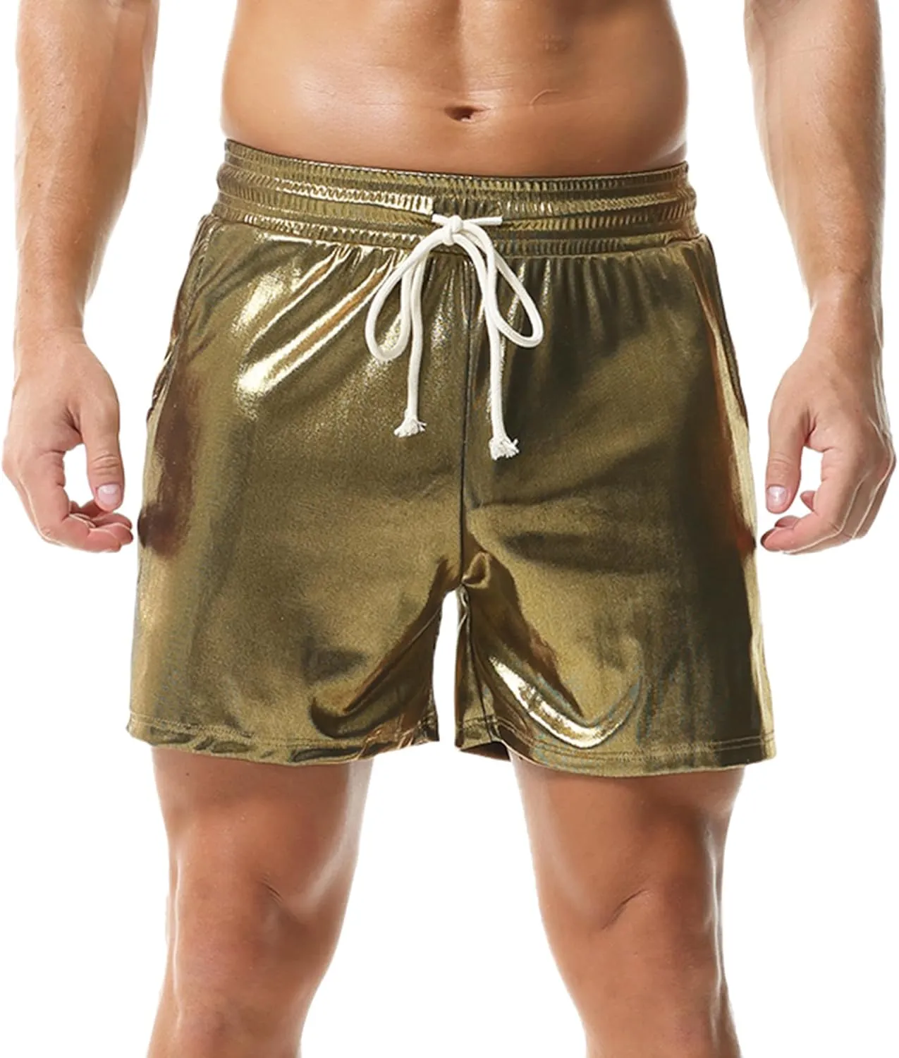YUFEIDA Men's Metallic Shiny Shorts Hot Drawstring Short Pants with Pockets