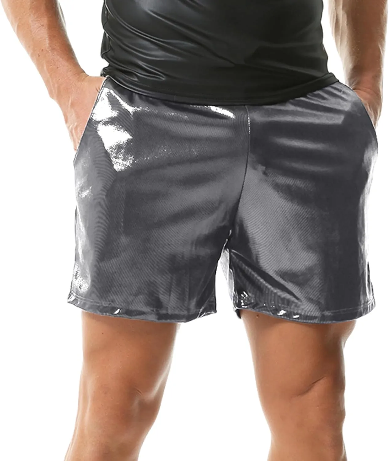YUFEIDA Men's Metallic Shiny Shorts Hot Drawstring Short Pants with Pockets