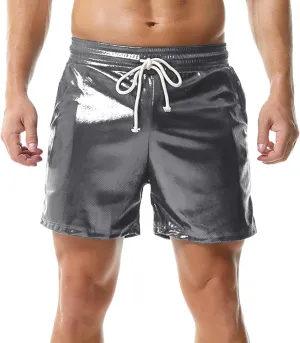 YUFEIDA Men's Metallic Shiny Shorts Hot Drawstring Short Pants with Pockets