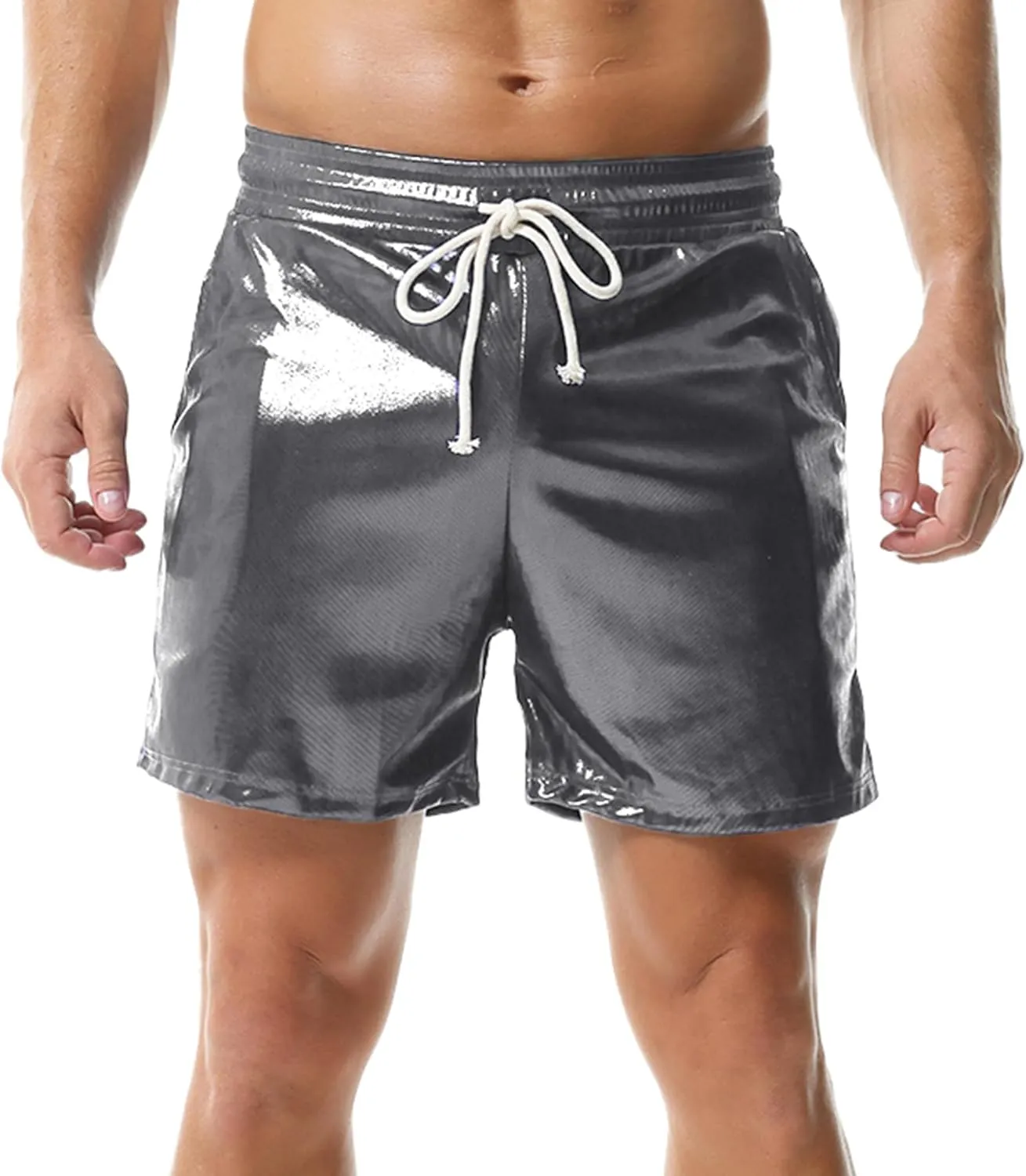 YUFEIDA Men's Metallic Shiny Shorts Hot Drawstring Short Pants with Pockets