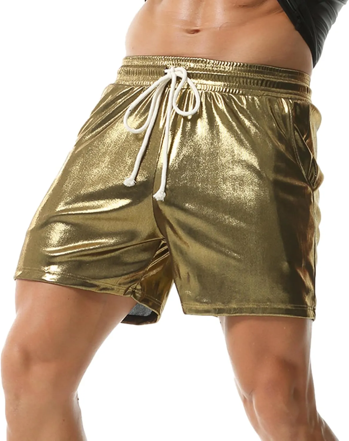 YUFEIDA Men's Metallic Shiny Shorts Hot Drawstring Short Pants with Pockets