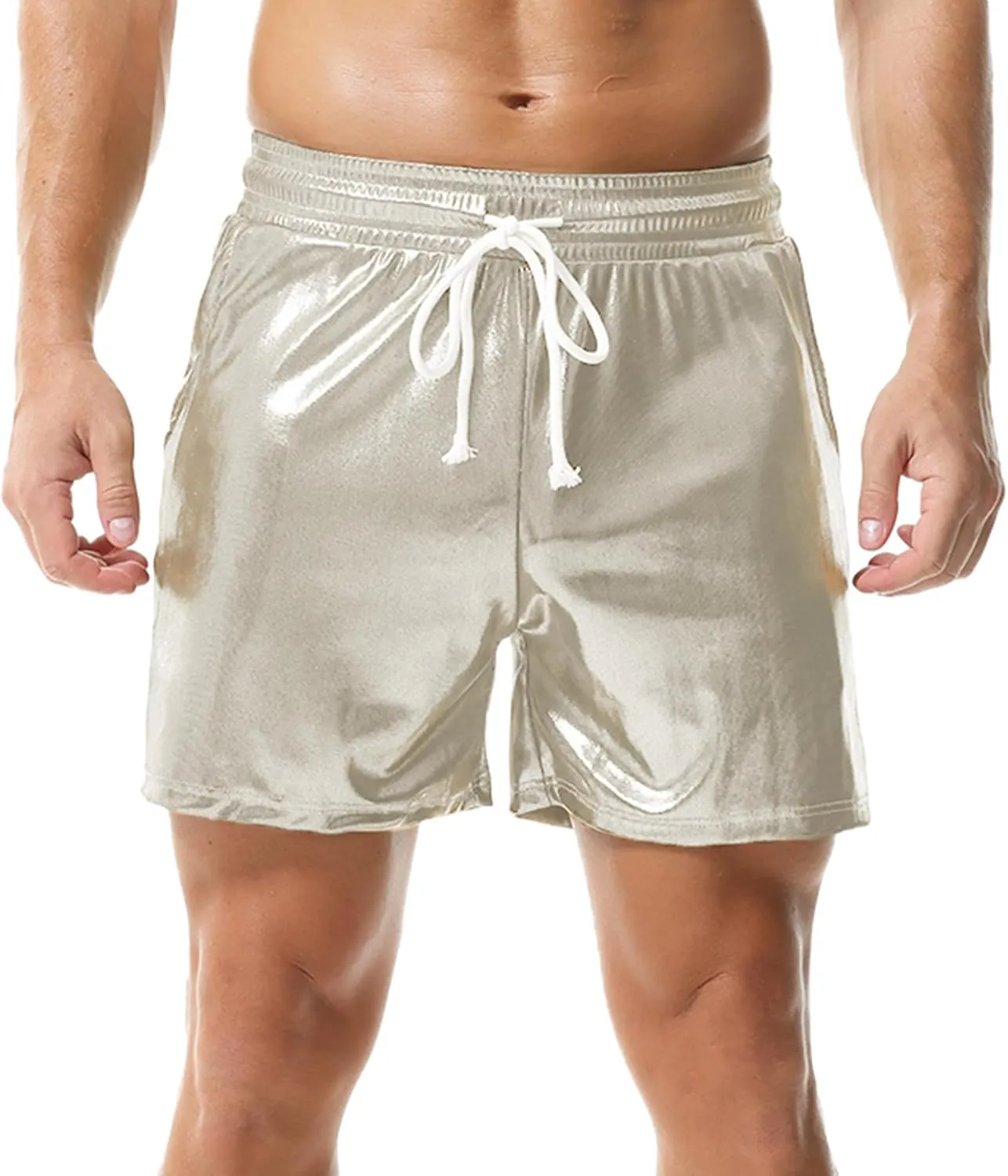 YUFEIDA Men's Metallic Shiny Shorts Hot Drawstring Short Pants with Pockets