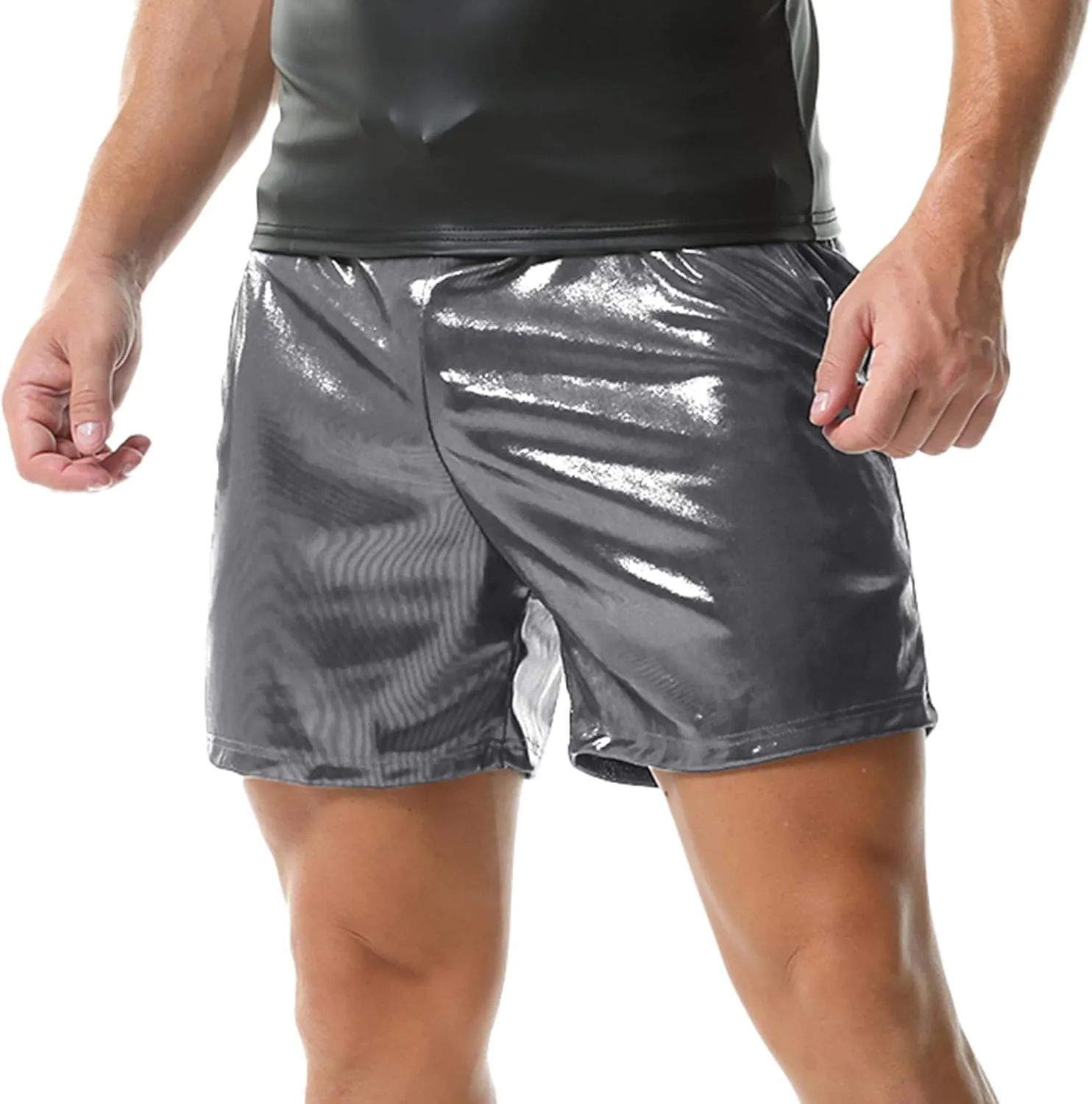 YUFEIDA Men's Metallic Shiny Shorts Hot Drawstring Short Pants with Pockets