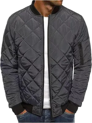 ZWRXW Bomber Jackets for Men Diamond Quilted Puffer Down Jacket Full Zip Lightweight Varsity Padded Coat Winter Warm Outwear
