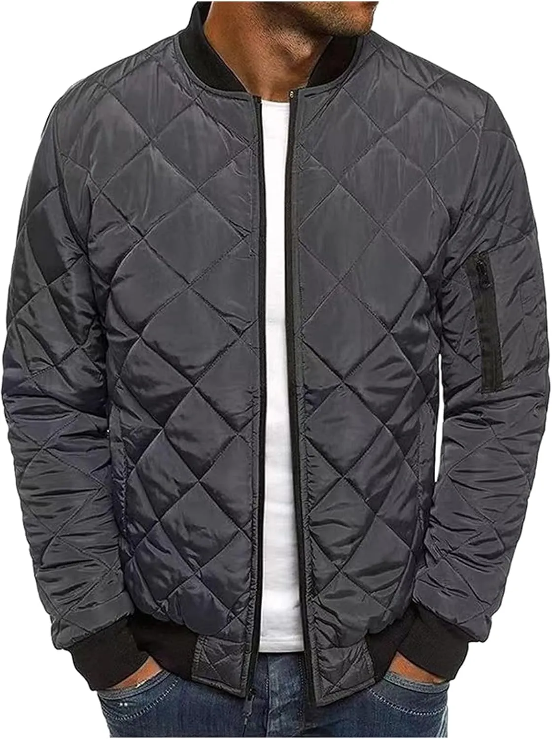 ZWRXW Bomber Jackets for Men Diamond Quilted Puffer Down Jacket Full Zip Lightweight Varsity Padded Coat Winter Warm Outwear