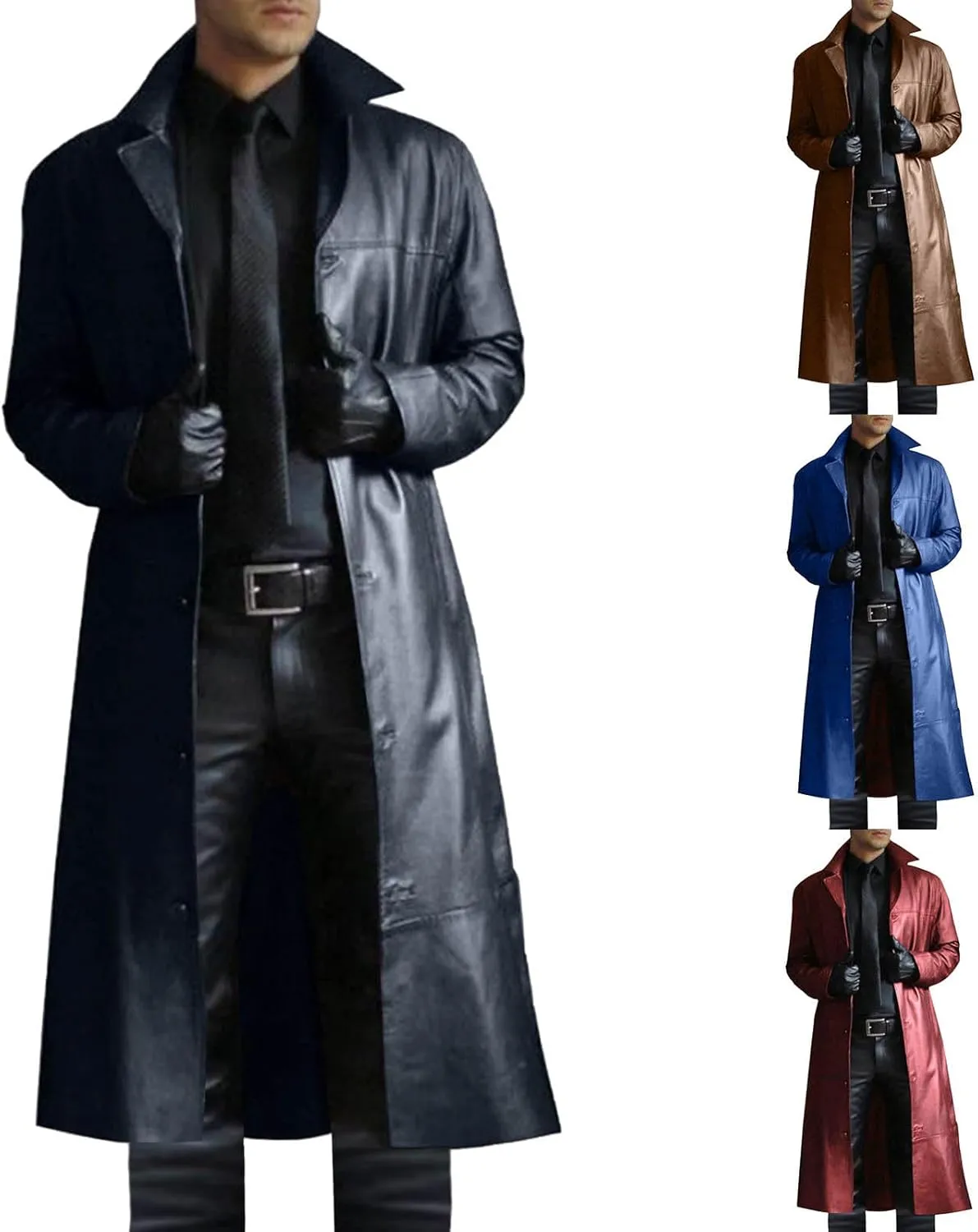 ZWRXW Mens Leather Trench Coat Full Length Vintage Classic Faux Leather Long Jacket Fall Winter Overcoat Coats Cardigan
