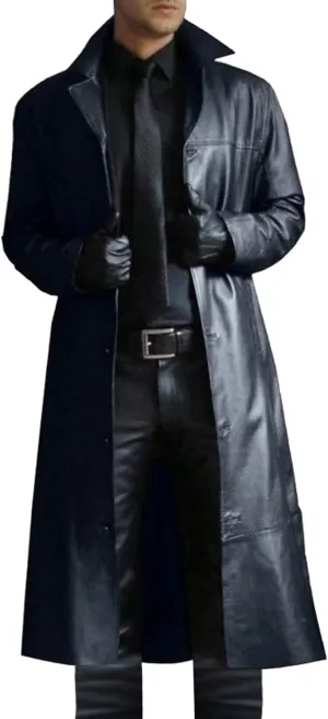 ZWRXW Mens Leather Trench Coat Full Length Vintage Classic Faux Leather Long Jacket Fall Winter Overcoat Coats Cardigan