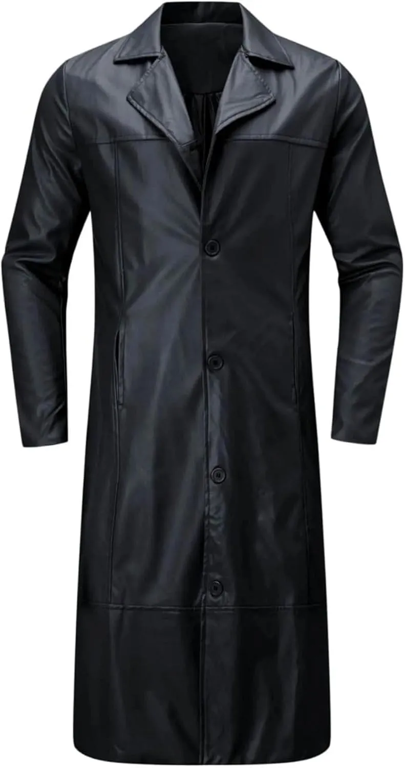 ZWRXW Mens Leather Trench Coat Full Length Vintage Classic Faux Leather Long Jacket Fall Winter Overcoat Coats Cardigan