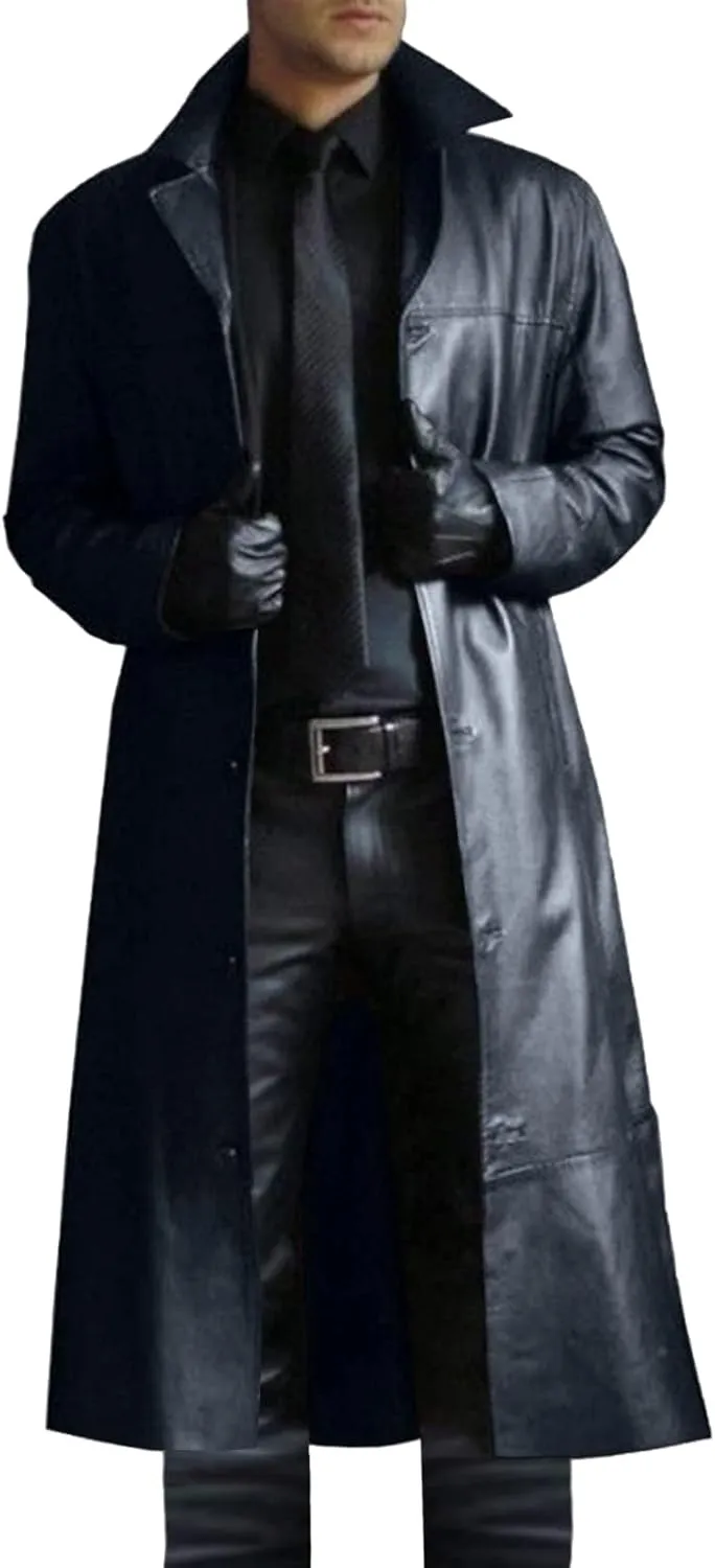 ZWRXW Mens Leather Trench Coat Full Length Vintage Classic Faux Leather Long Jacket Fall Winter Overcoat Coats Cardigan