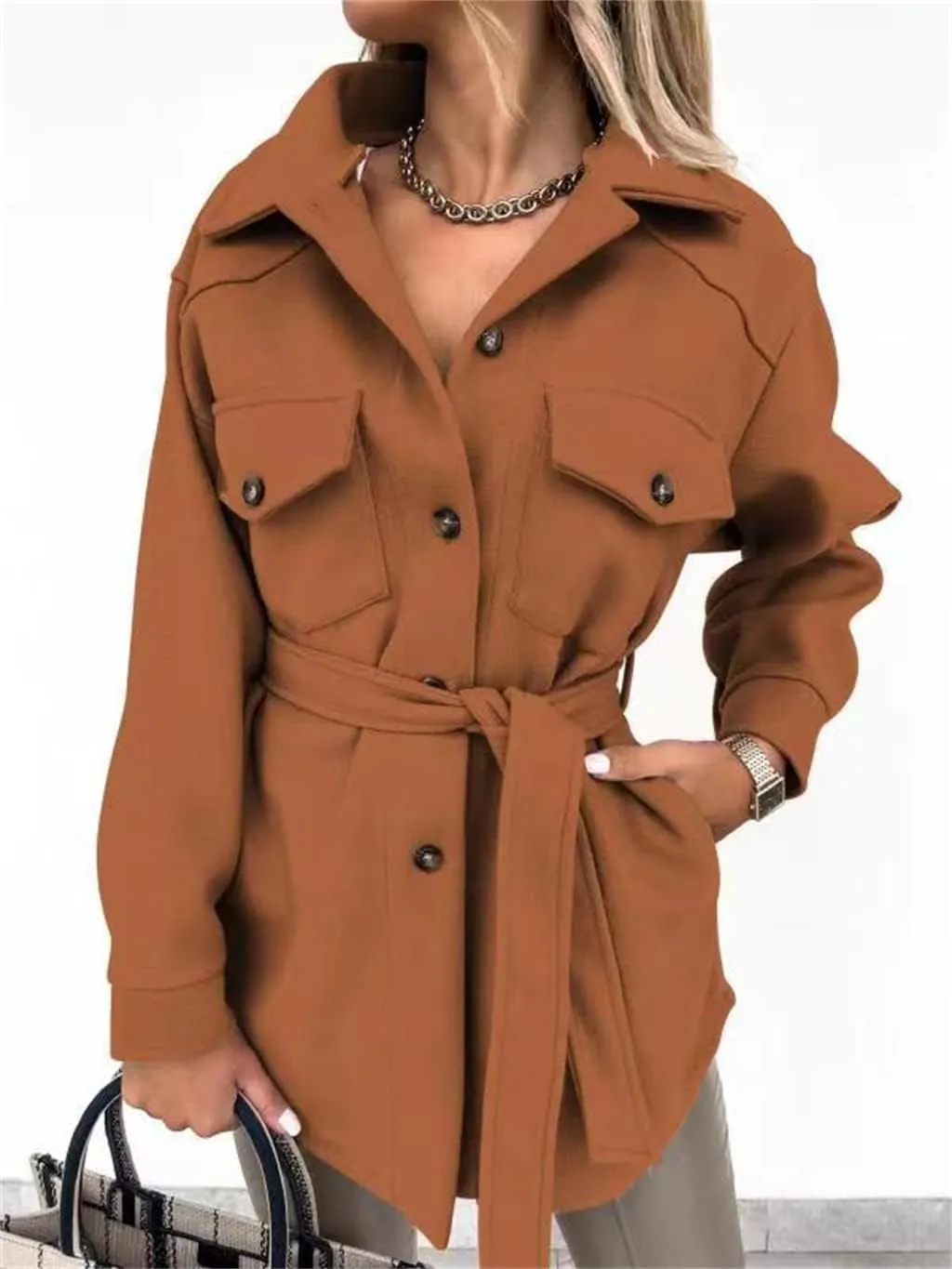 ZWRXW Womens Trench Coats Fashion Lapel Button Down Peacoat with Belted Casual Fall Winter Woolen Jackets Mid-Long Outwear